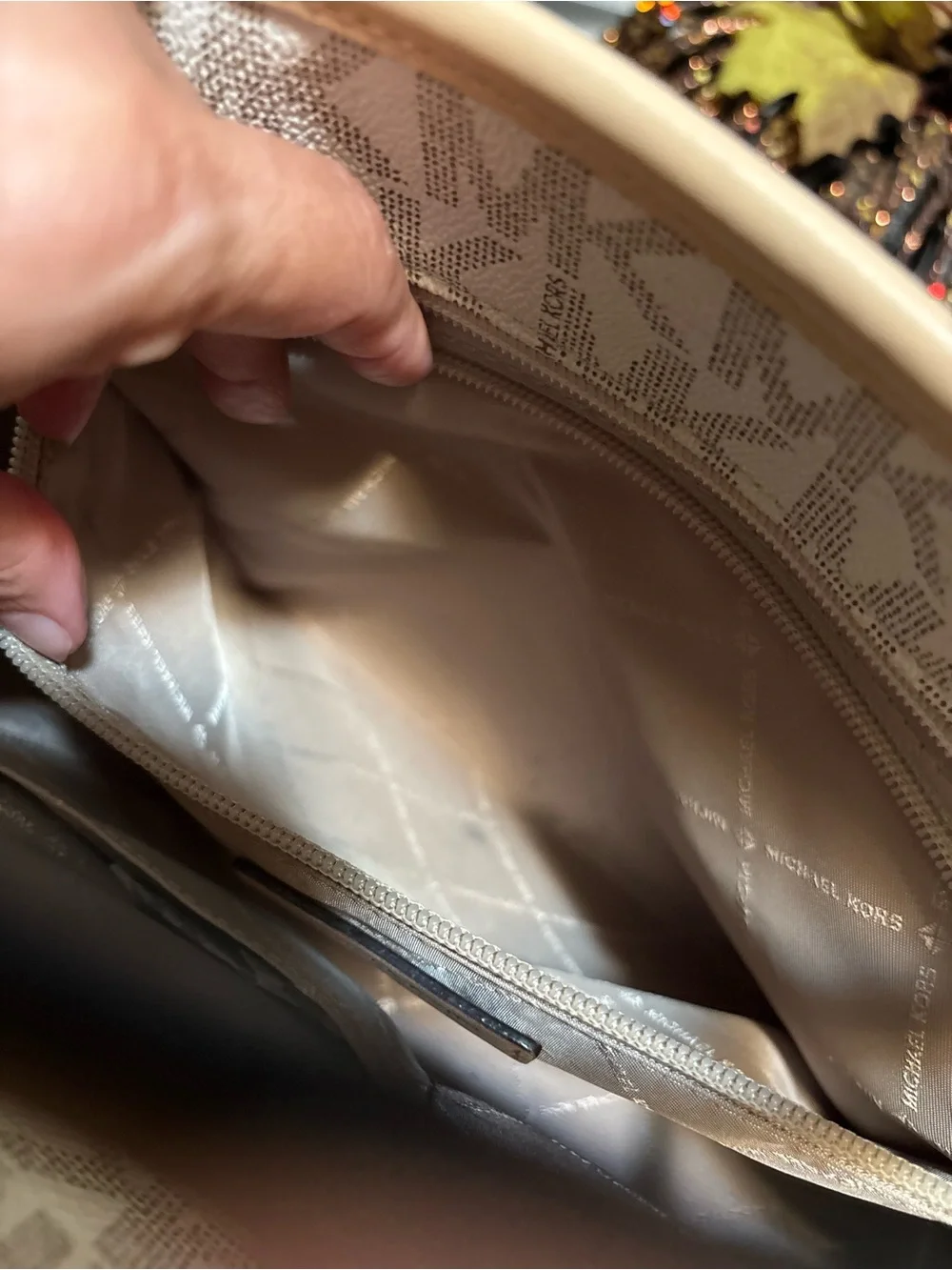 Michael Kors Cream and Tan Signature MK Tote with Gold Charm